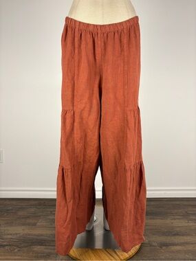 Match Point 100% Linen Tiered Wide Leg Cha Cha Pants Rust Terracotta S